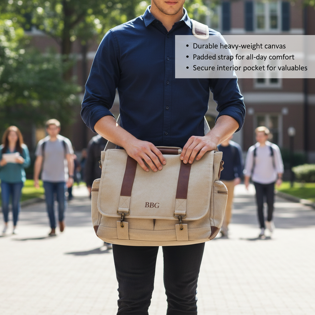 Man wearing navy shirt holding cream canvas messenger bag with brown leather straps, personalized with sample monogram "BBG" on front flap