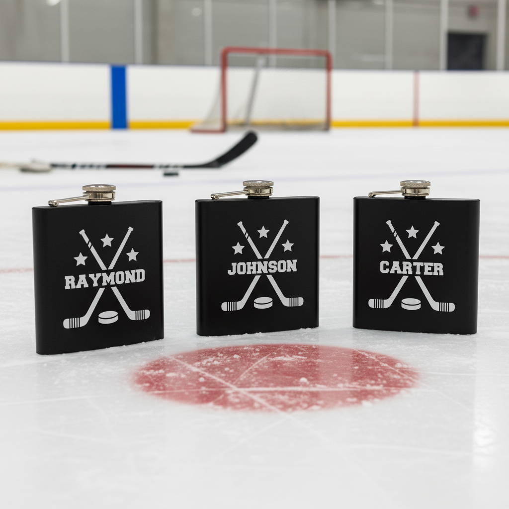 Three black matte flasks with laser-etched hockey design featuring crossed sticks, puck, and stars, personalized with sample names Raymond, Johnson, and Carter, displayed on ice rink.