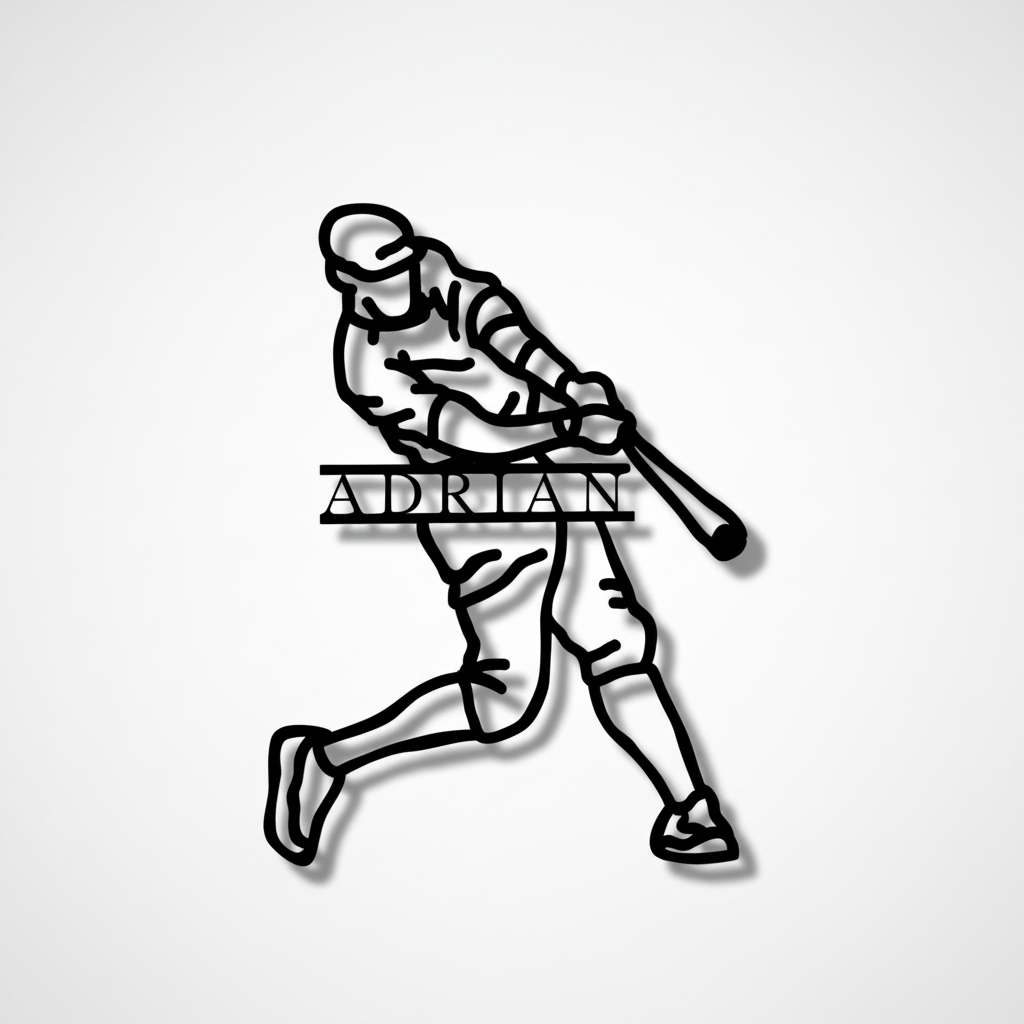 Baseball batter silhouette metal sign personalized with sample name "ADRIAN" in block lettering across the center