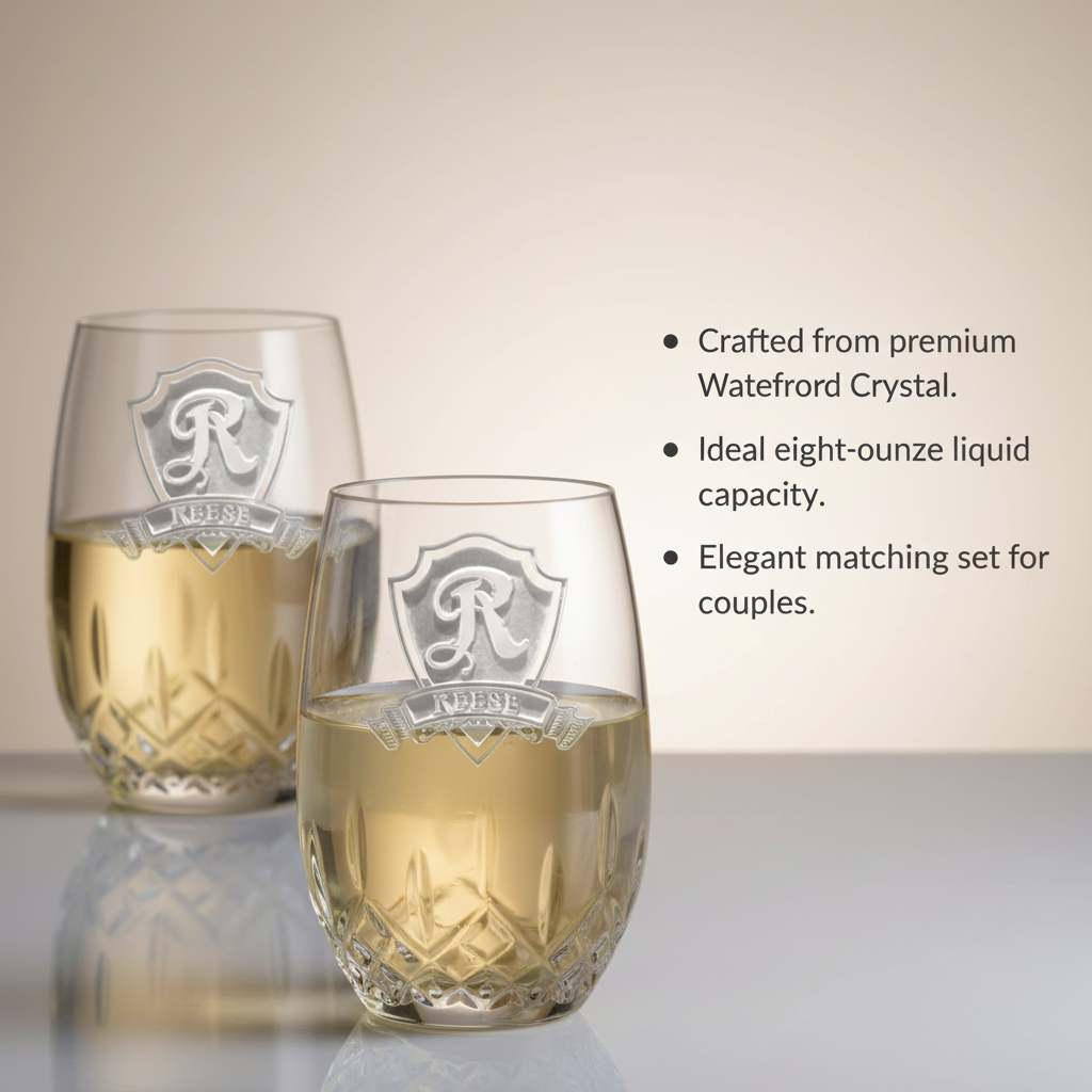 Waterford Lismore personalized couples crystal wine glass set with sand-carved shield and both names