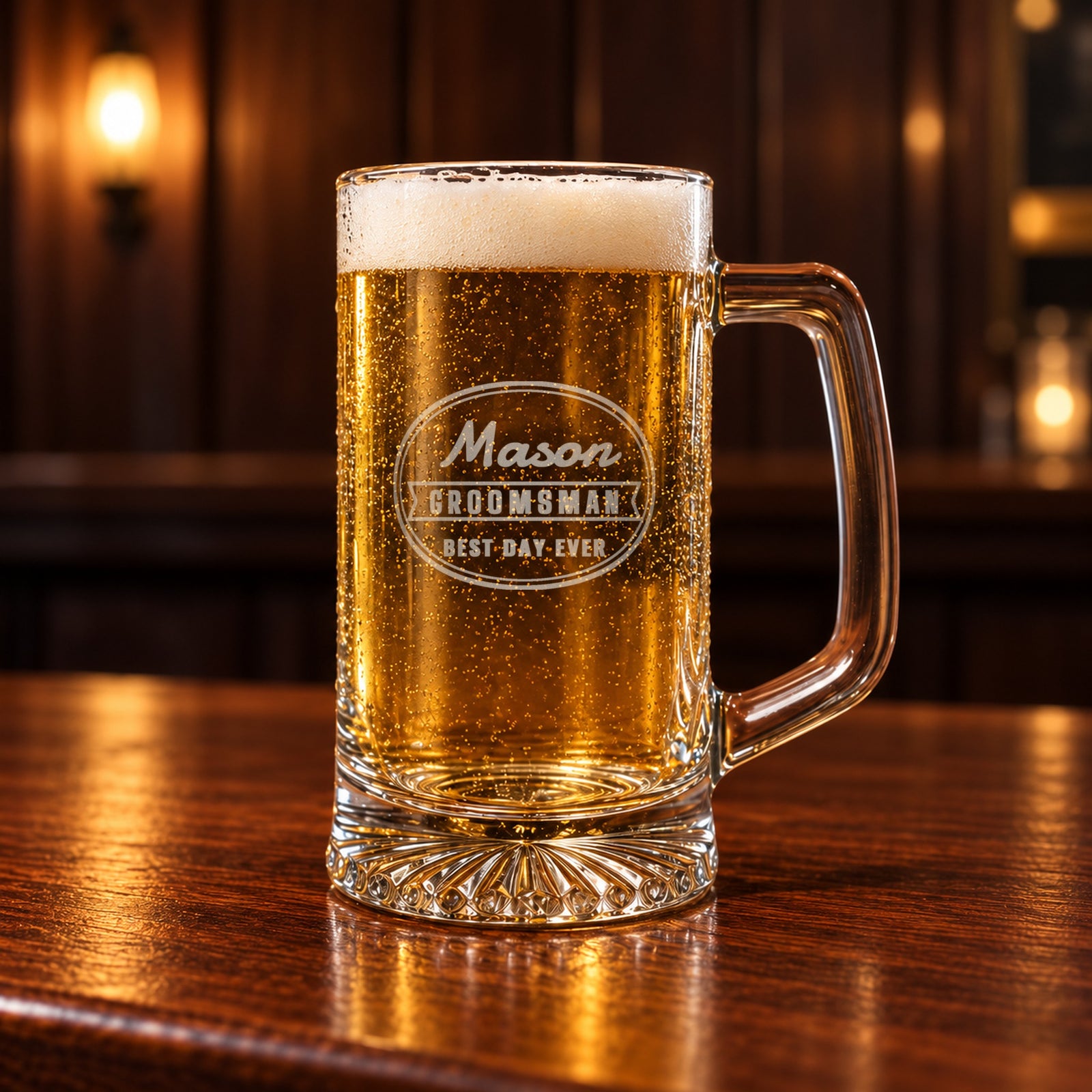 Close-up of a frosted etched groomsmen beer mug full of lager: Mason, Groomsman, Best Day Ever, in an oval beer label design