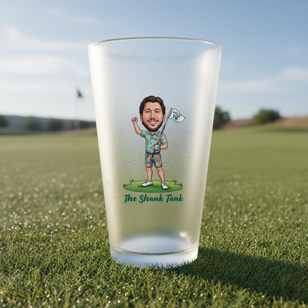 Frosted pint glass with custom caricature of man in colorful golf outfit holding flag labeled "HOLE 18" and text "The Shank Tank" displayed on golf course grass.
