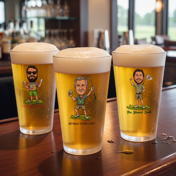 Three pint glasses filled with beer, each printed with a different AI-generated cartoon golfer character in casual golf attire with personalized text below