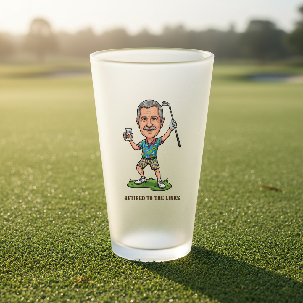 Frosted beer glass printed with cartoon golfer holding beer and golf club, text reading "Retired to the Links" below, positioned on artificial turf with golf course background