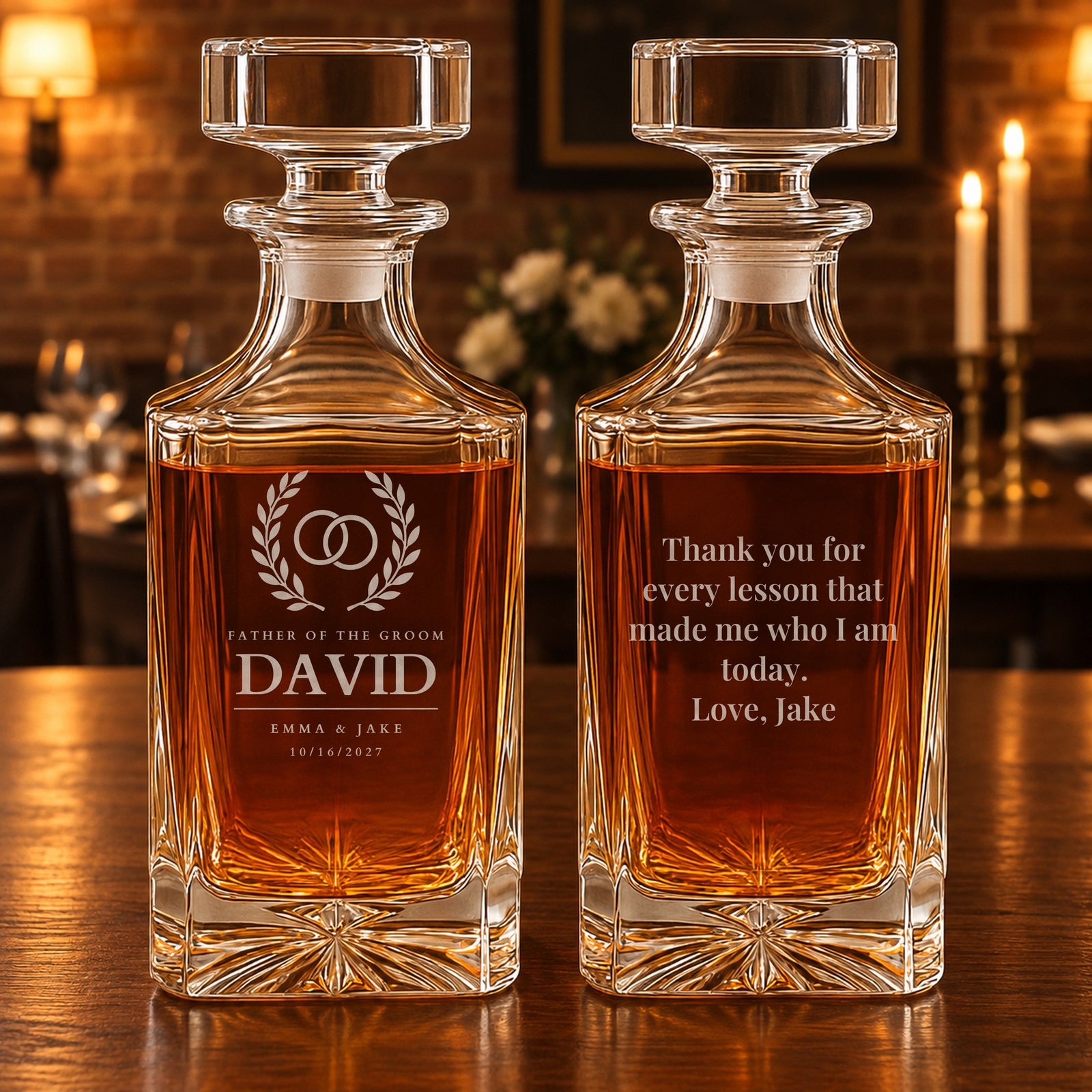 Father of the groom gift on a rehearsal dinner table: a whiskey decanter engraved David under wedding rings, and its back engraved with a thank-you from Jake