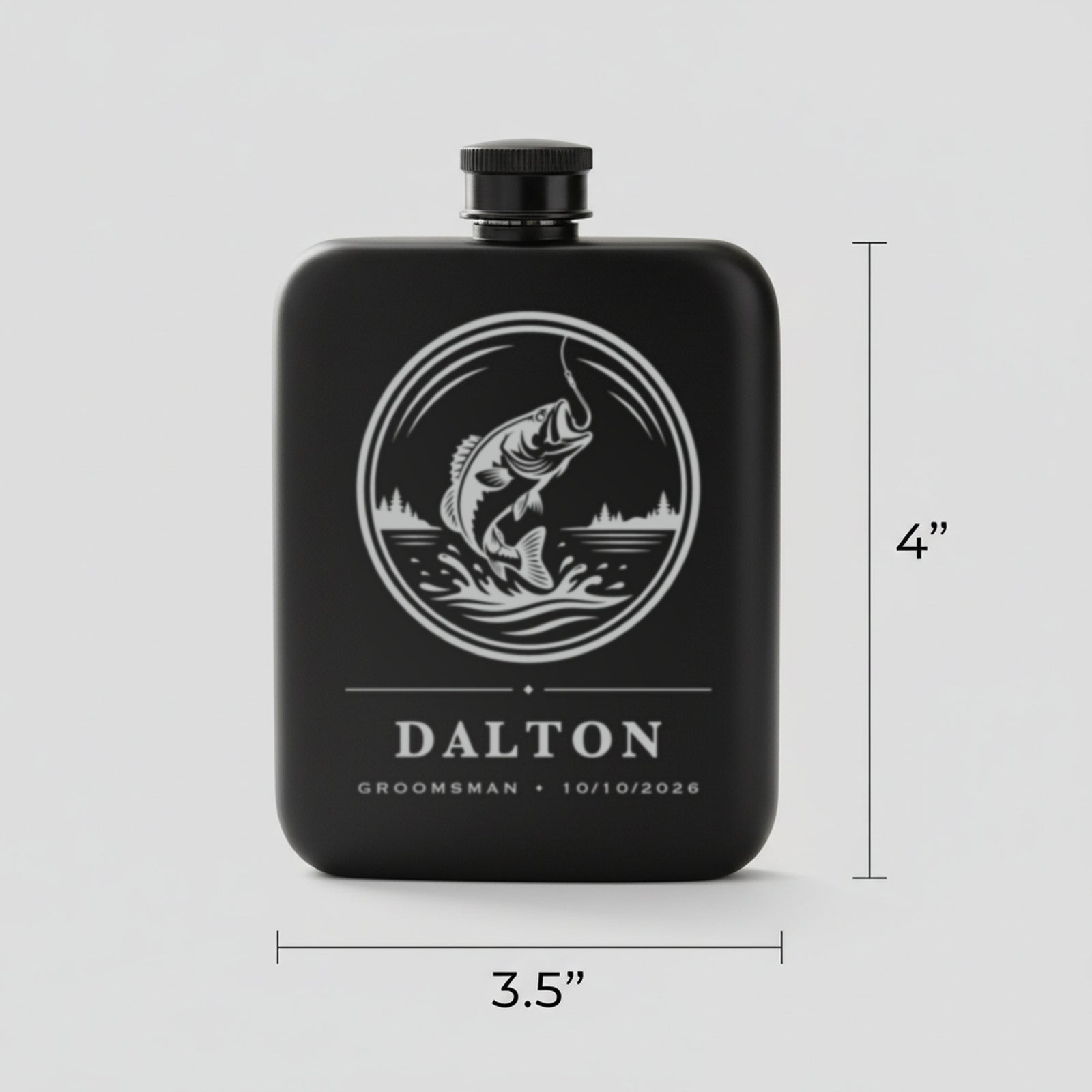Size guide for the personalized fishing groomsmen flask, 3.5 inches wide by 4 inches tall, holding 6 ounces of whiskey.