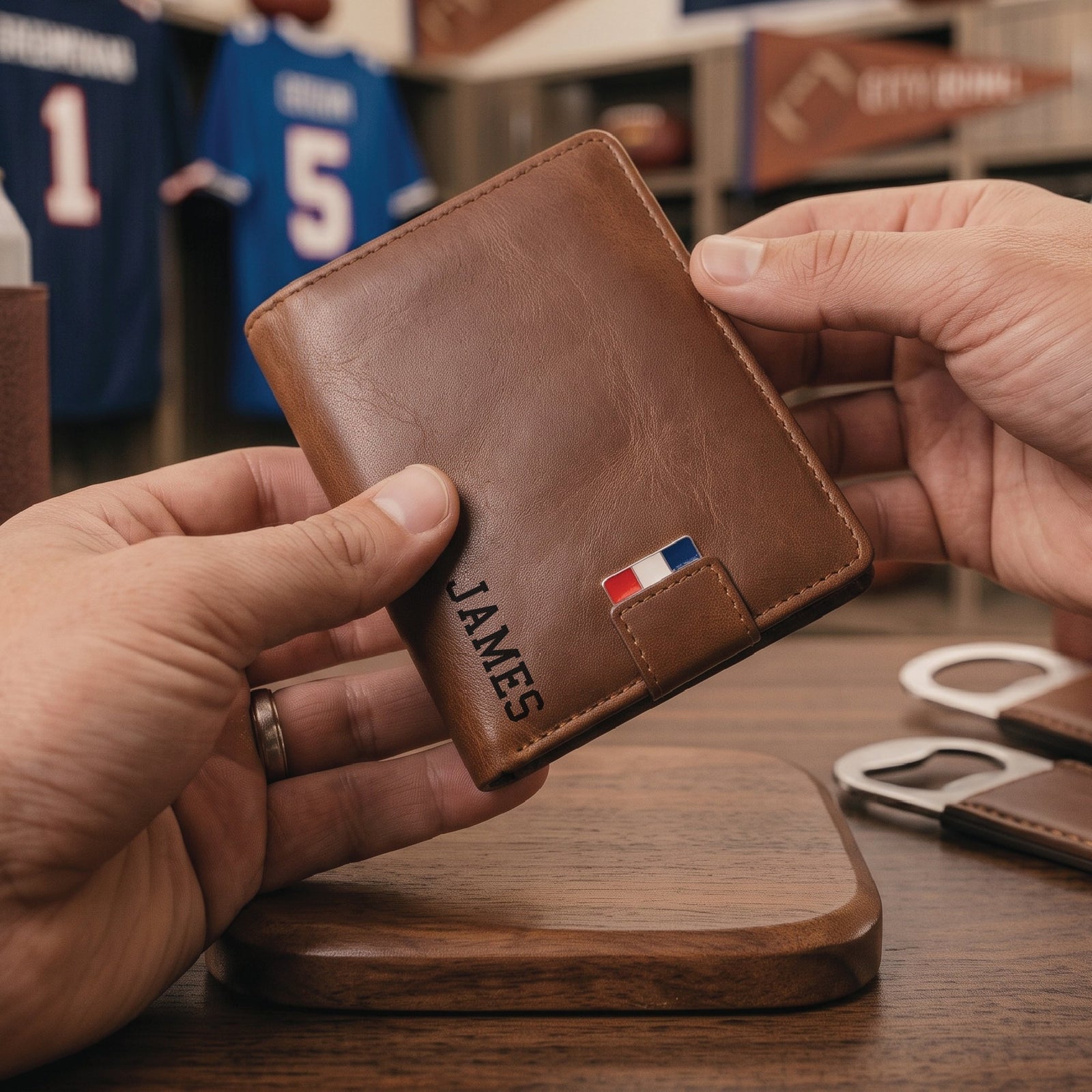 Close view of the engraved leather bi-fold wallet from the football draft groomsmen gift set, held in hand with the name James laser engraved on the front panel.