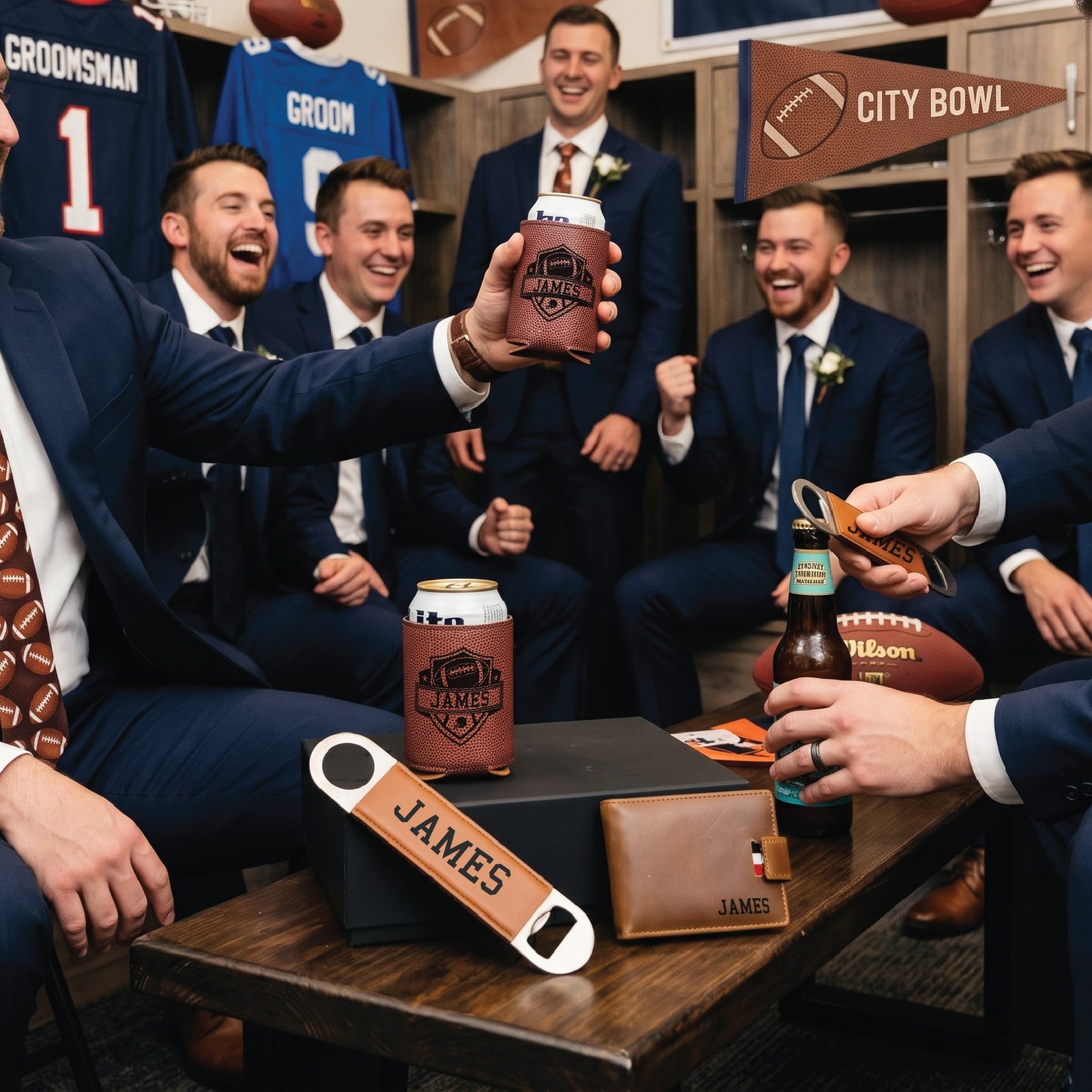 Groomsmen in navy suits raising their personalized football can coolers together, with the engraved wallet and bottle opener from the draft proposal box on the table.