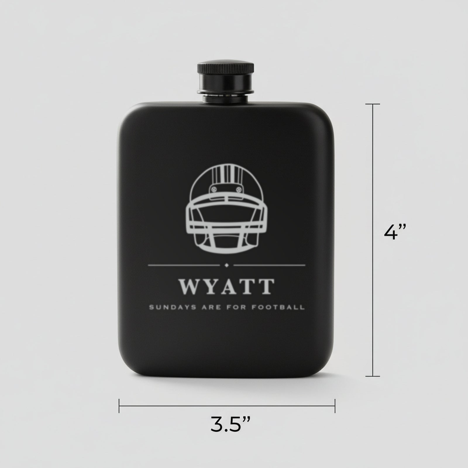 Size guide for the football groomsmen flask reading Sundays Are For Football, 3.5 inches wide by 4 inches tall, holding 6 ounces.