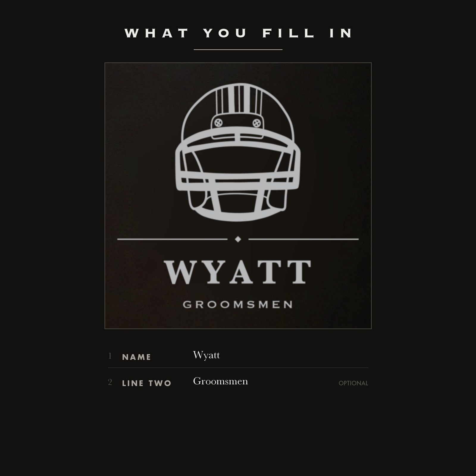 The two personalization fields on the football groomsmen flask, his name plus one optional line such as Groomsmen.