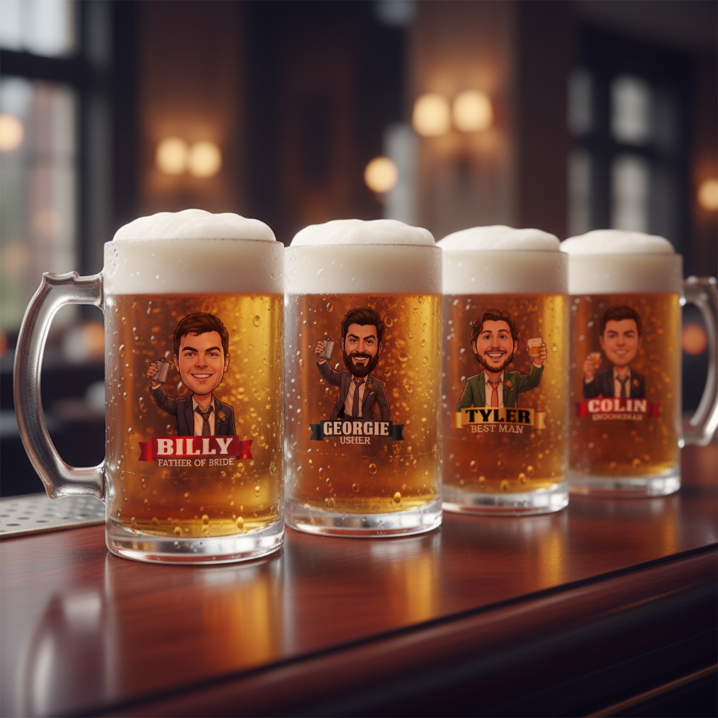 Four 16oz beer mugs lined up, each filled with beer and topped with foam, displaying sample caricature designs with personalized names and wedding roles including Father of Bride, Usher, Best Man, and Groomsman.