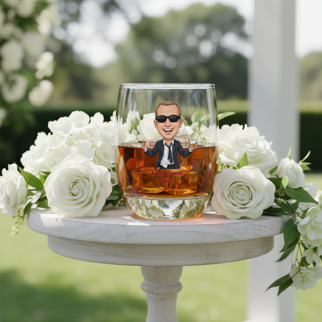 Whiskey glass with custom cartoon illustration of man in suit and sunglasses holding cigar and drink, personalized with "Groom 2026" text, filled with amber liquid and surrounded by white roses.