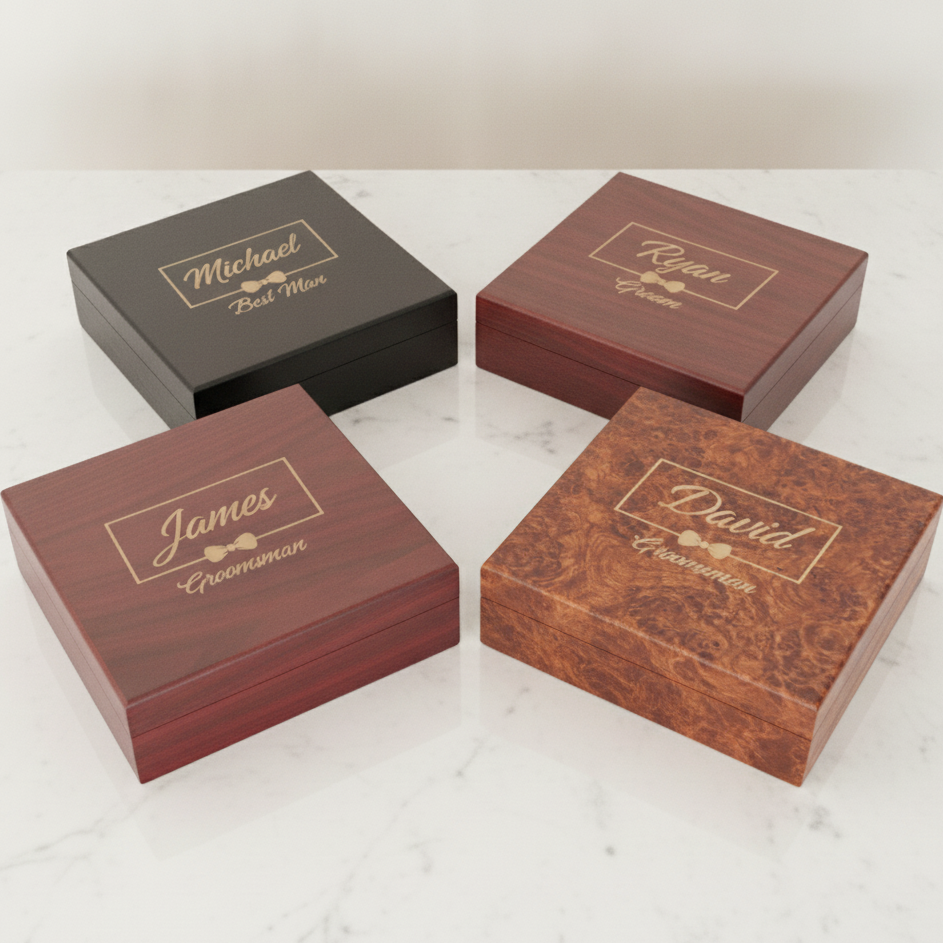 Personalized groomsmen gift box set, four engraved wood boxes in cherry, black, and burl, each with a groomsman name and wedding role, a handsome personalized group gift.