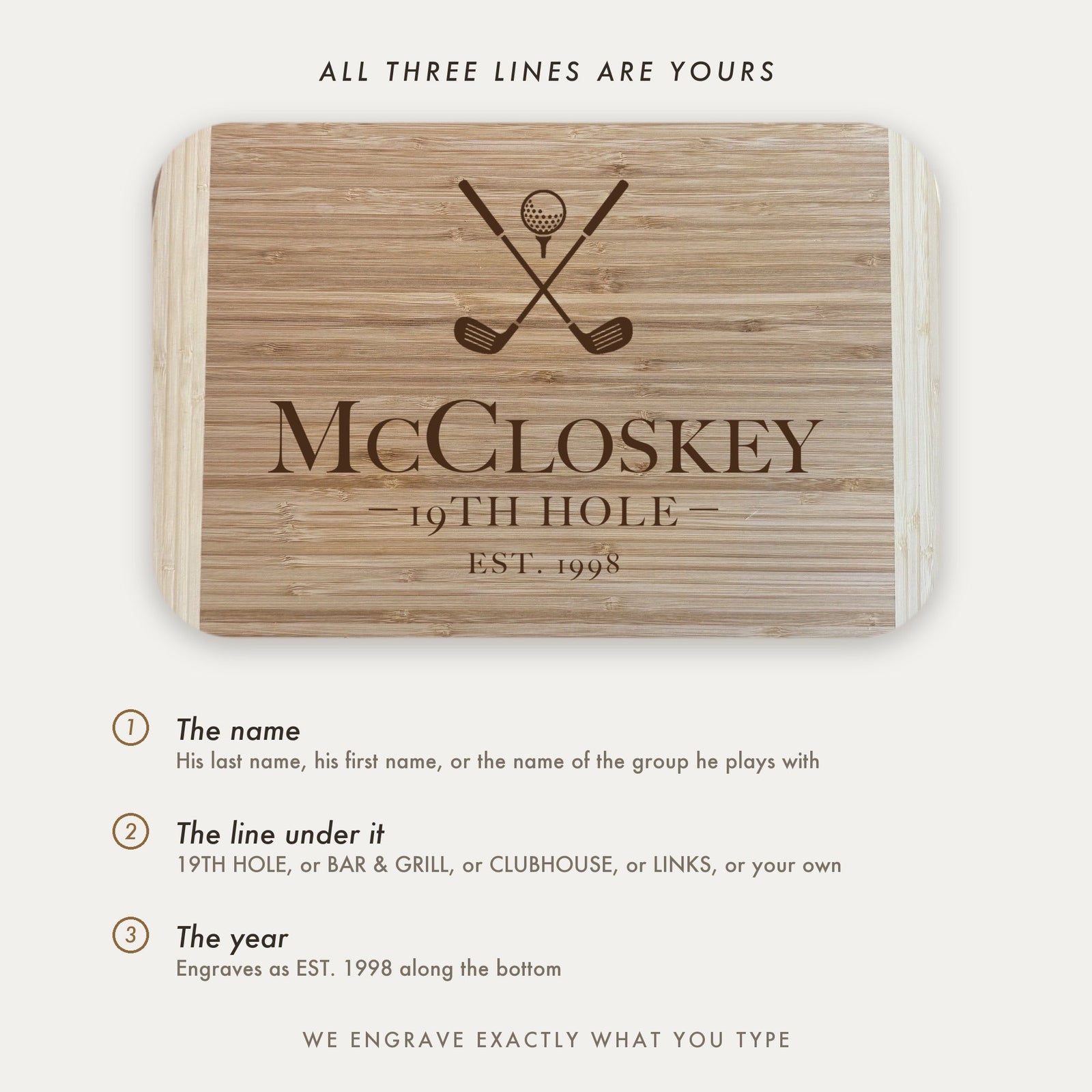 Personalization guide for the golf groomsman cutting board showing the three engraved lines, his name, the line beneath it such as 19TH HOLE, and the year.