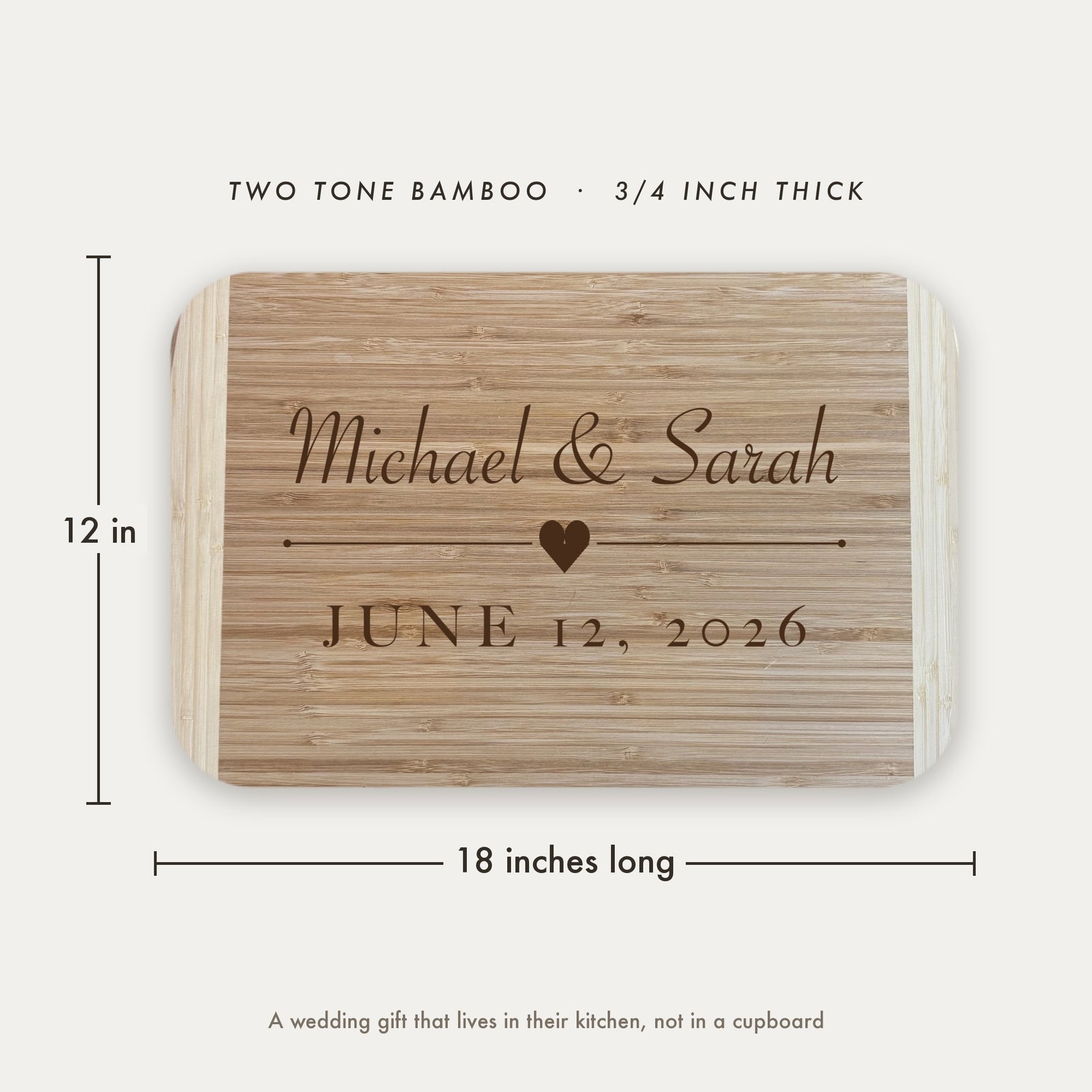 Dimension diagram of the wedding gift cutting board for couples showing 18 inches long by 12 inches wide, in two tone bamboo three quarters of an inch thick.