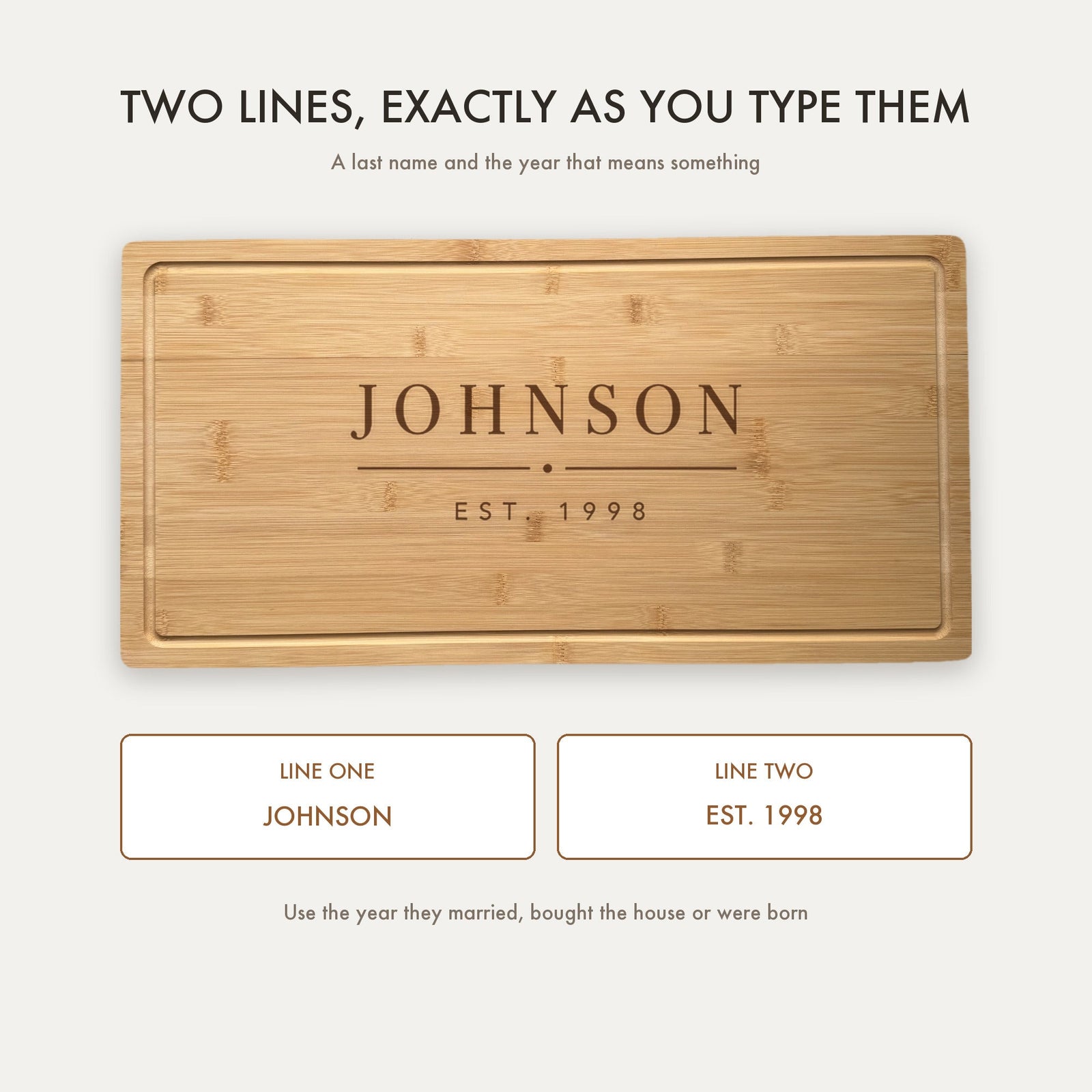How the last name cutting board is personalized, with line one for the family name and line two for the established year, engraved exactly as typed.
