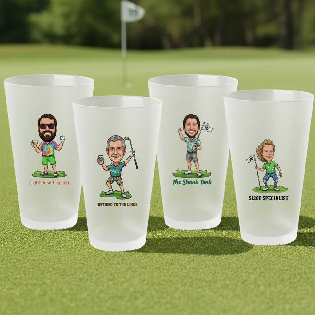 Four frosted pint glasses on artificial golf turf, each featuring a custom caricature of a golfer with sample text including "Clubhouse Captain," "Retired to the Links," "The Shank Tank," and "Slice Specialist