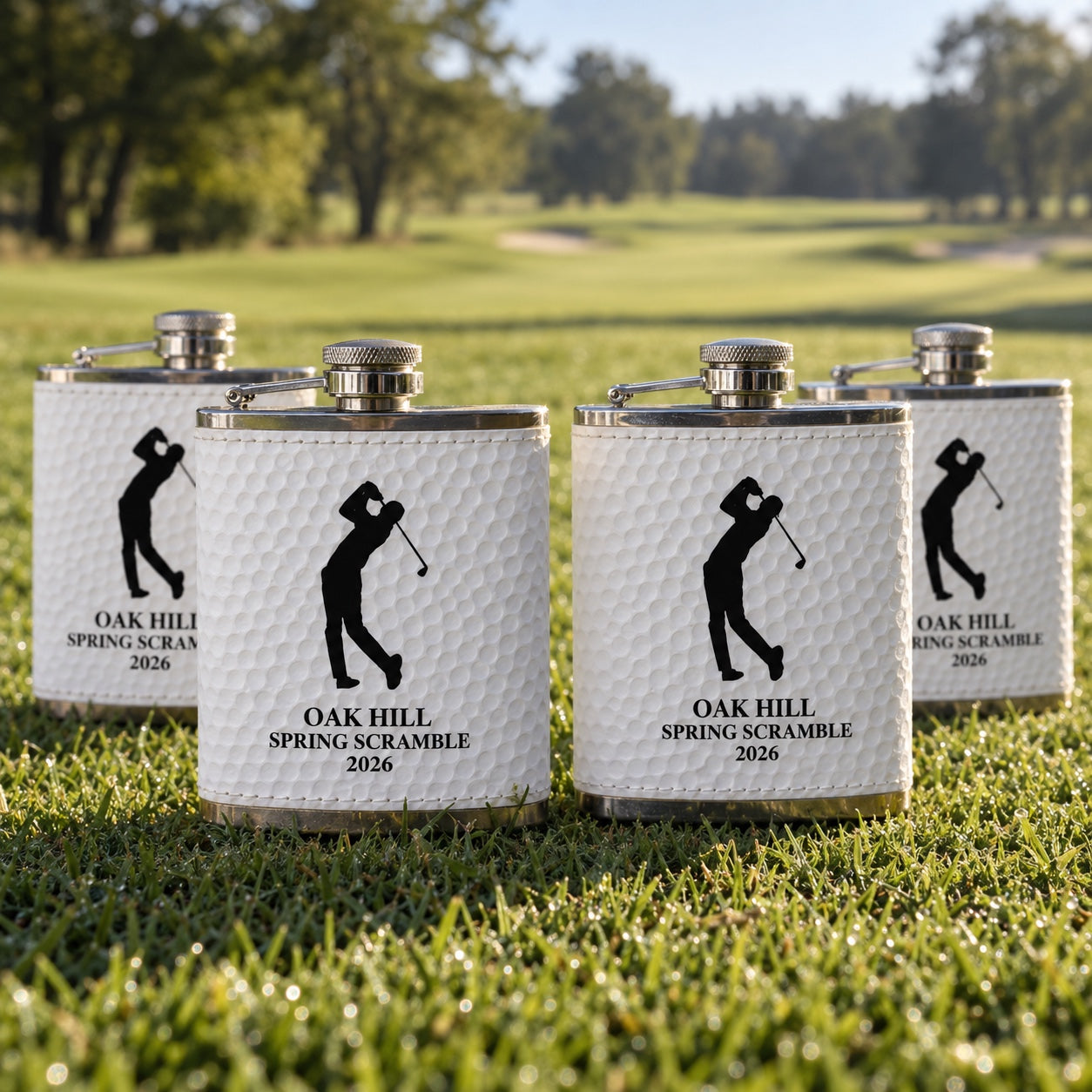 Four golf tournament flasks for a golf outing, each engraved with a golfer silhouette and OAK HILL SPRING SCRAMBLE 2026, standing on the grass of a tee box.
