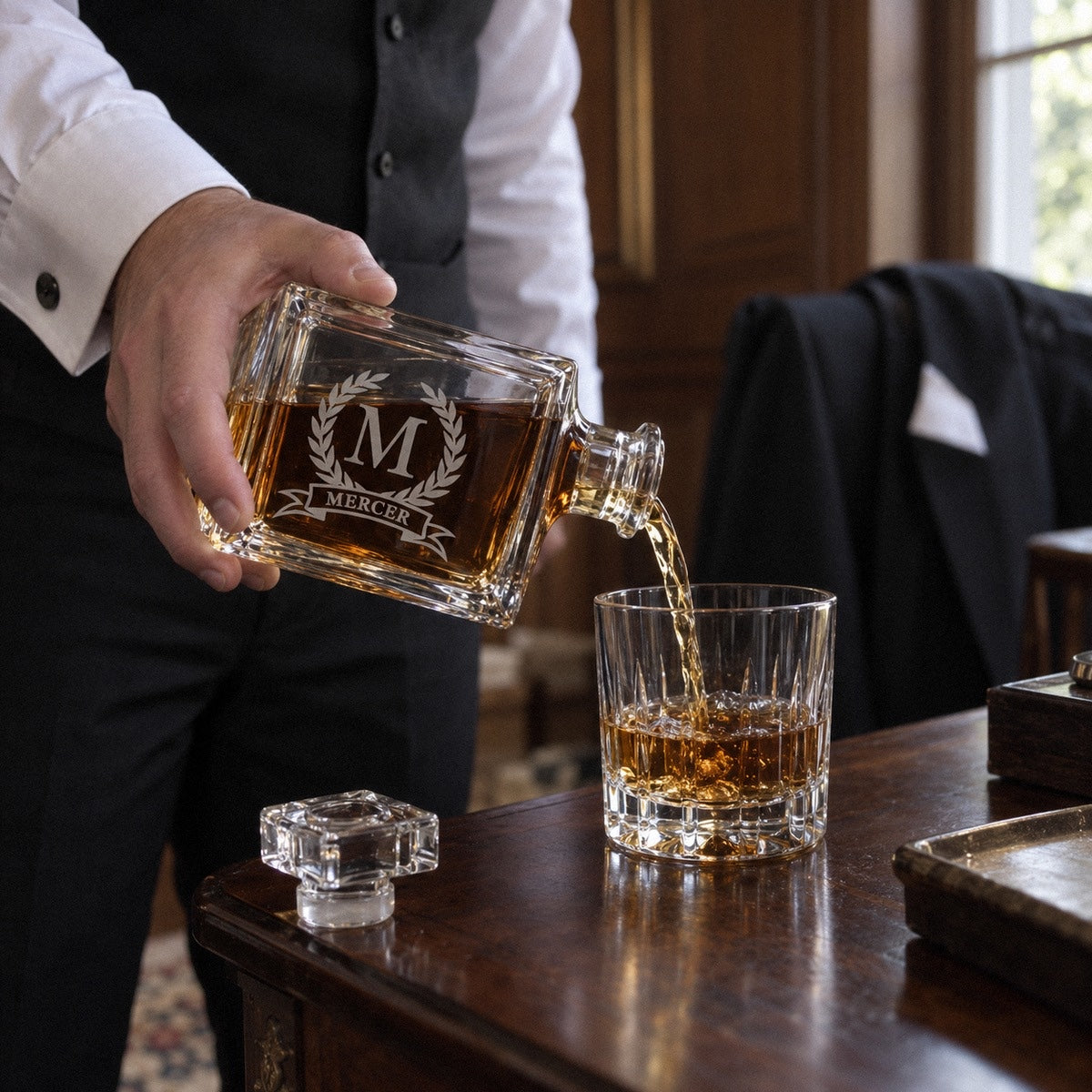 A groomsman pours bourbon from a personalized decanter engraved with M and MERCER into a rocks glass in a wood-paneled getting-ready room