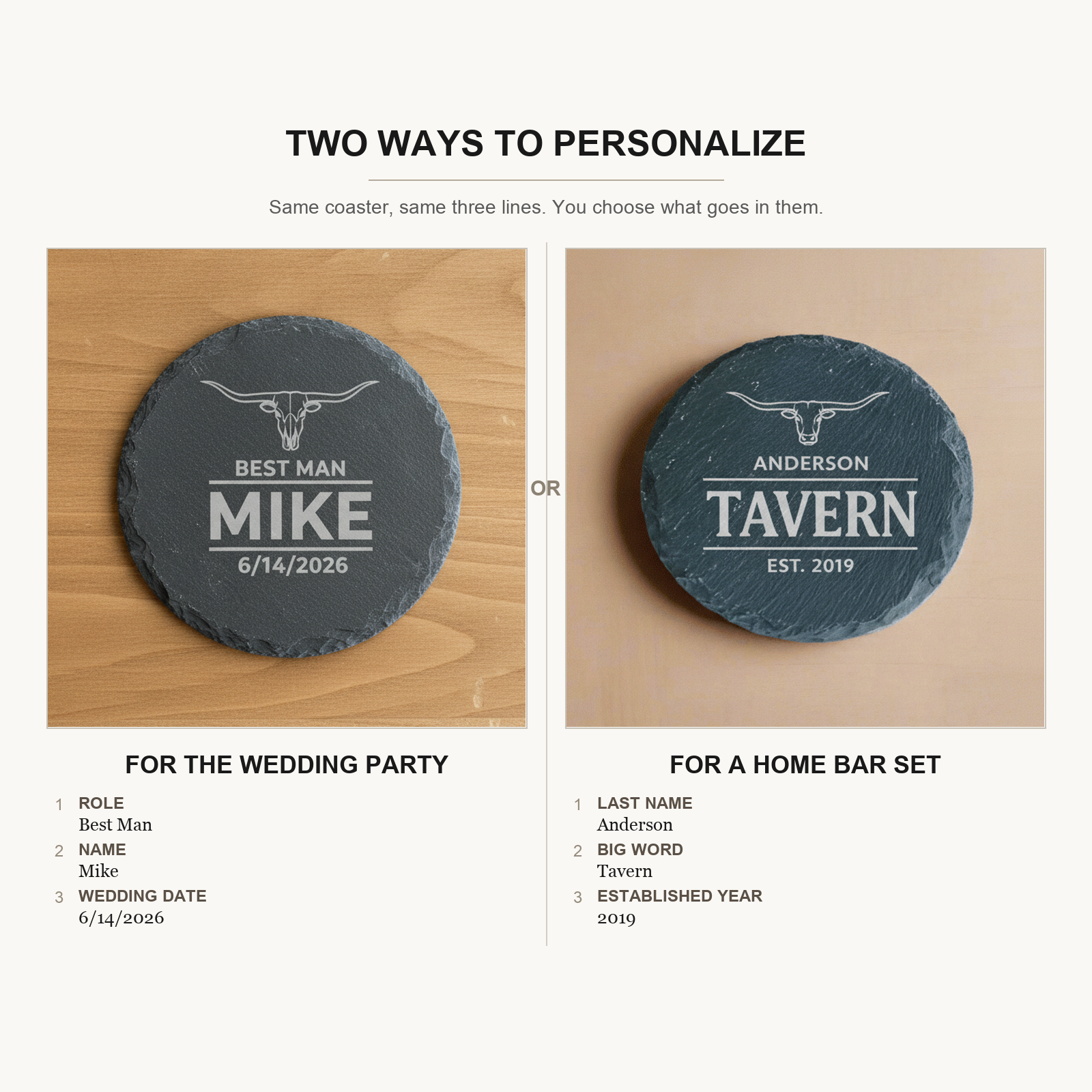 Two ways to personalize the groomsmen coaster set: for the wedding party with role, name, and date, or for a home bar set with last name, big word, and established year