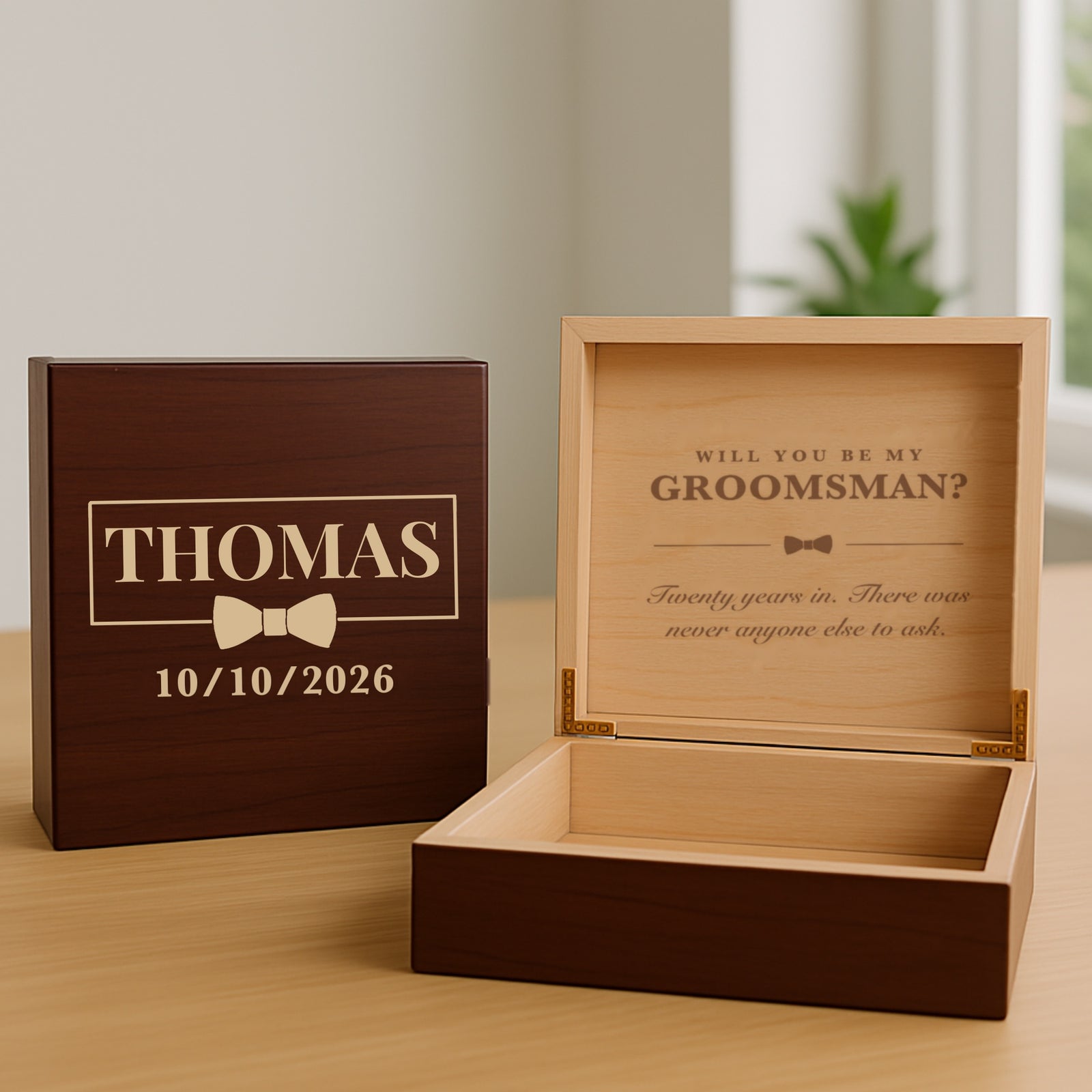 Cherry groomsmen proposal keepsake box engraved with the name Thomas and the wedding date 10 10 2026, shown open beside a second box.