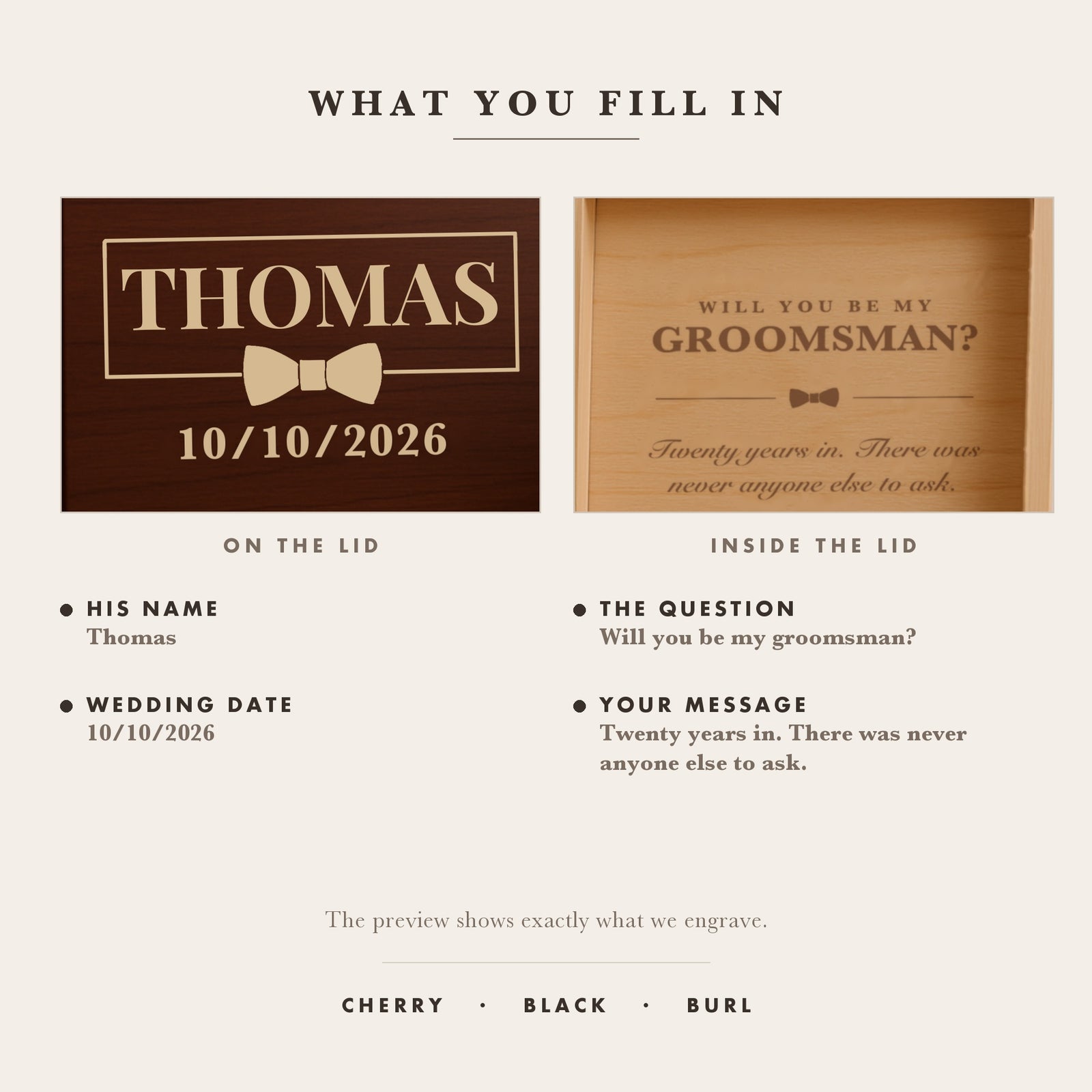 The four personalization fields on the groomsmen proposal box, his name and wedding date on the lid, the question and message inside.
