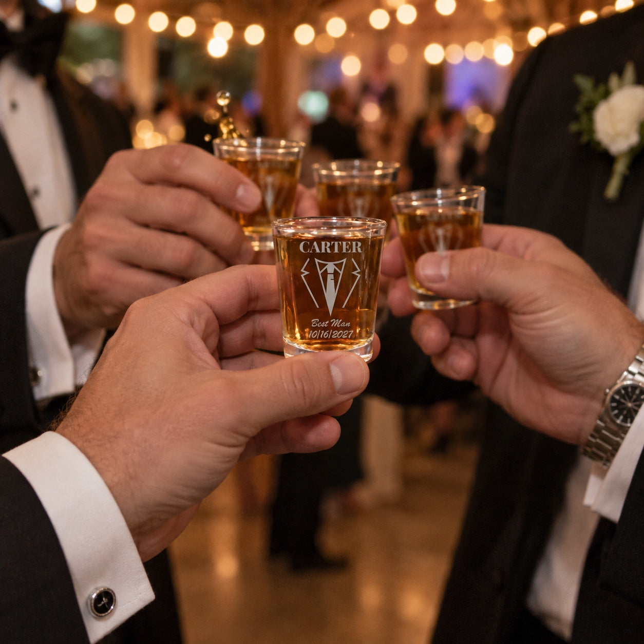 Groomsmen in tuxedos raise personalized suit and tie shot glasses in a toast at the wedding reception under string lights
