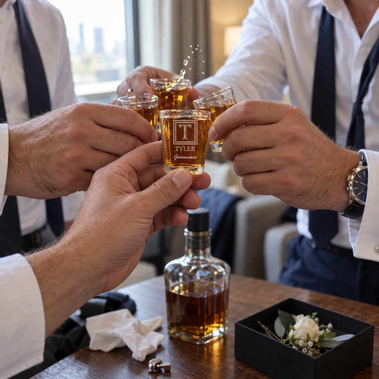 Groomsmen in white dress shirts clink monogram shot glasses engraved T and Tyler in the hotel suite on the wedding morning
