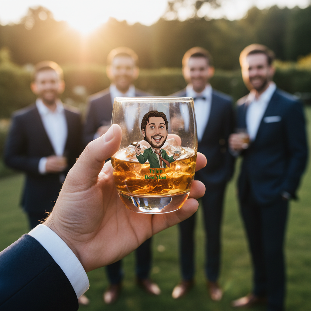 Custom whiskey glass featuring AI-generated illustration of man in green suit with cigar, filled with amber liquor, held outdoors with groomsmen in background