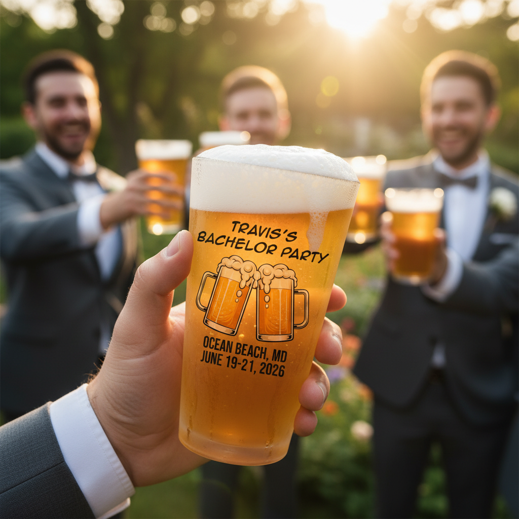 Pint glass engraved with sample text "TRAVIS'S BACHELOR PARTY" and beer mug graphic, held by person in suit with blurred groomsmen in background