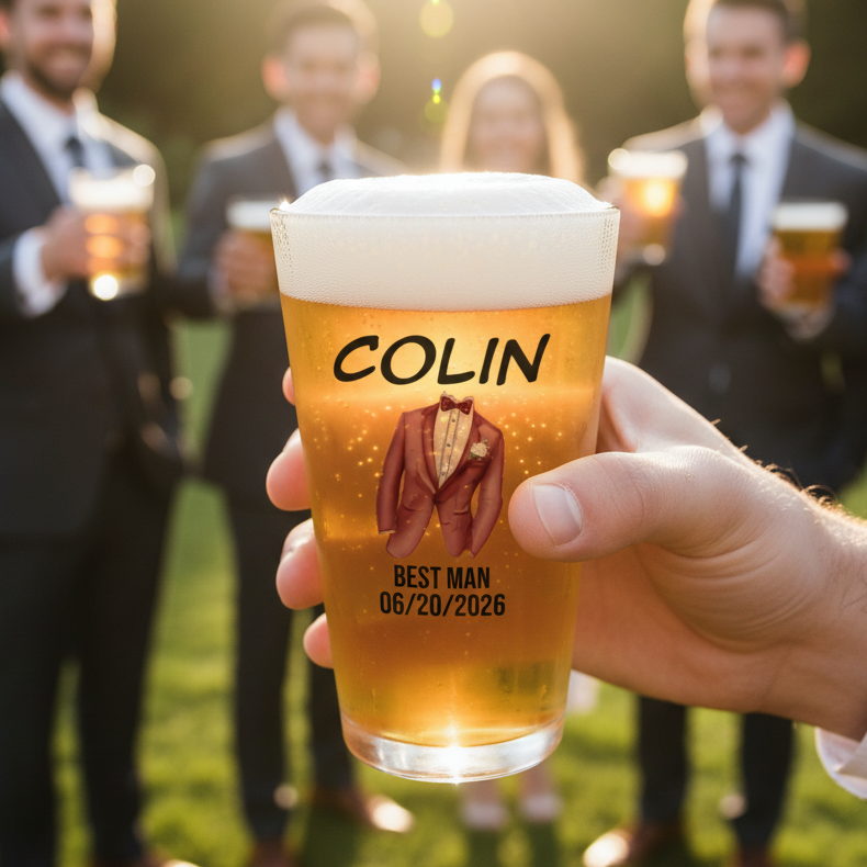 Hand holding a beer glass with 'COLIN BEST MAN 08/20/2026' text, blurred group of people in suits in the background.