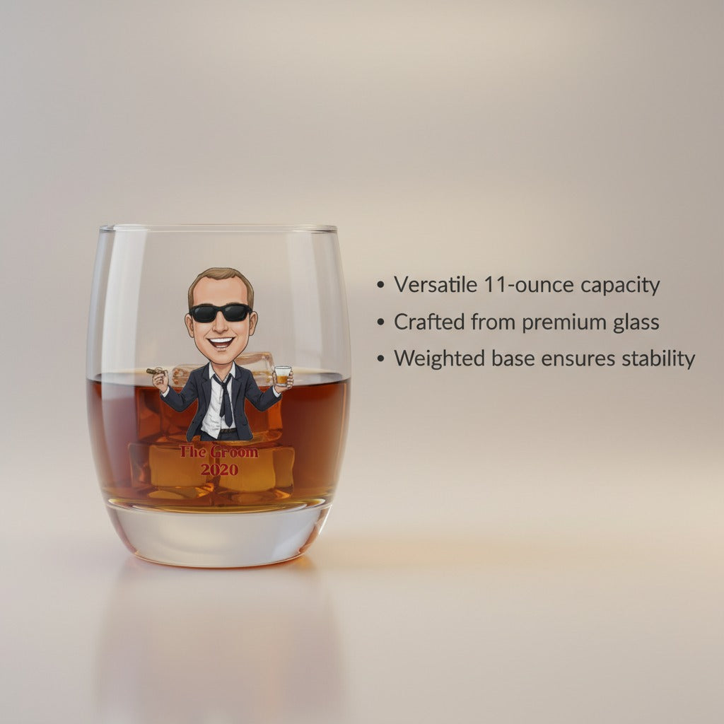 Whiskey glass filled with amber liquid featuring custom cartoon illustration of man in sunglasses and suit labeled "The Groom 2020