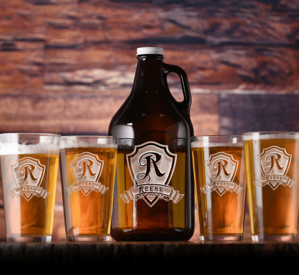 Home Pub personalized bar set with sand-carved engraving across each piece