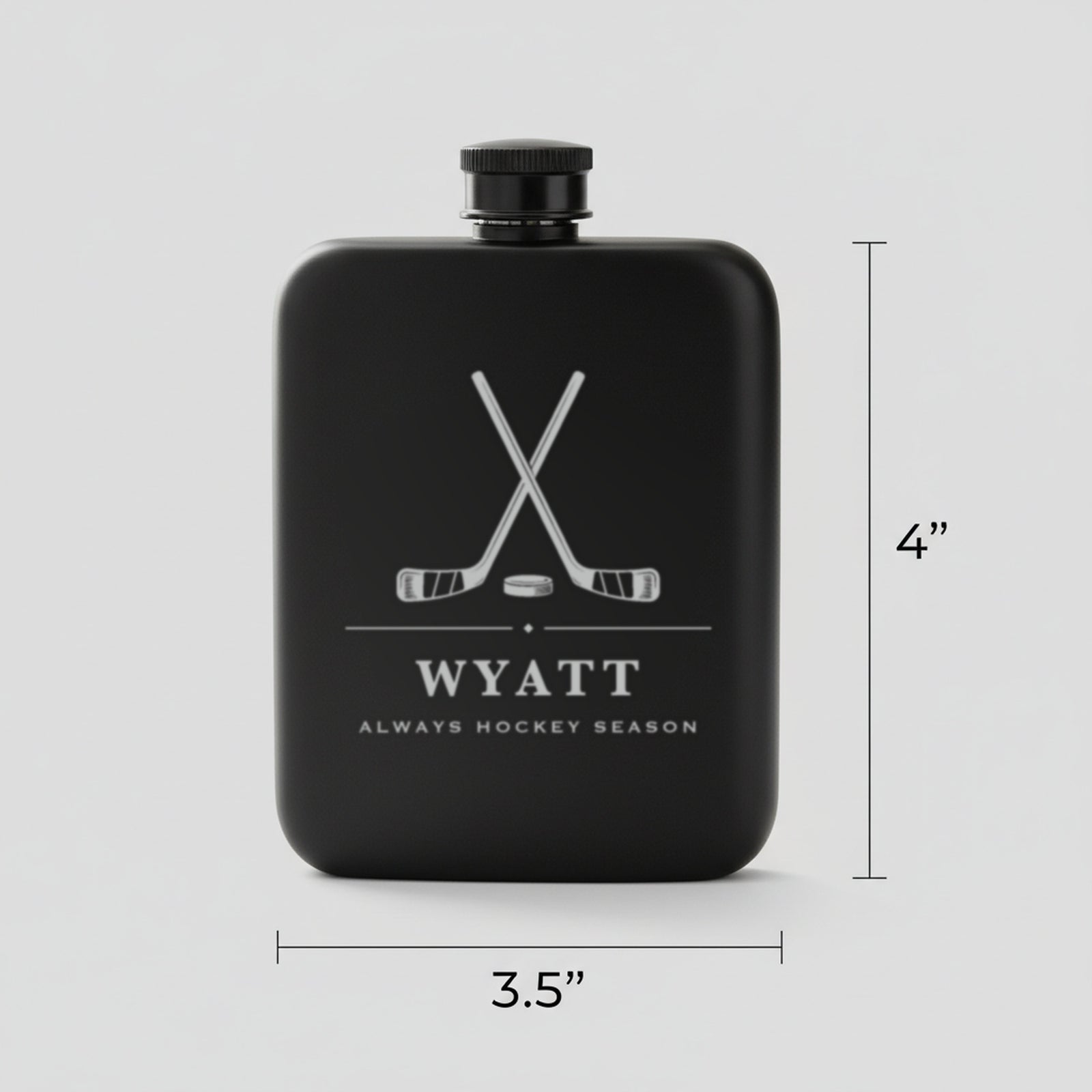 Size guide for the hockey groomsmen flask reading Always Hockey Season, 3.5 inches wide by 4 inches tall, holding 6 ounces.