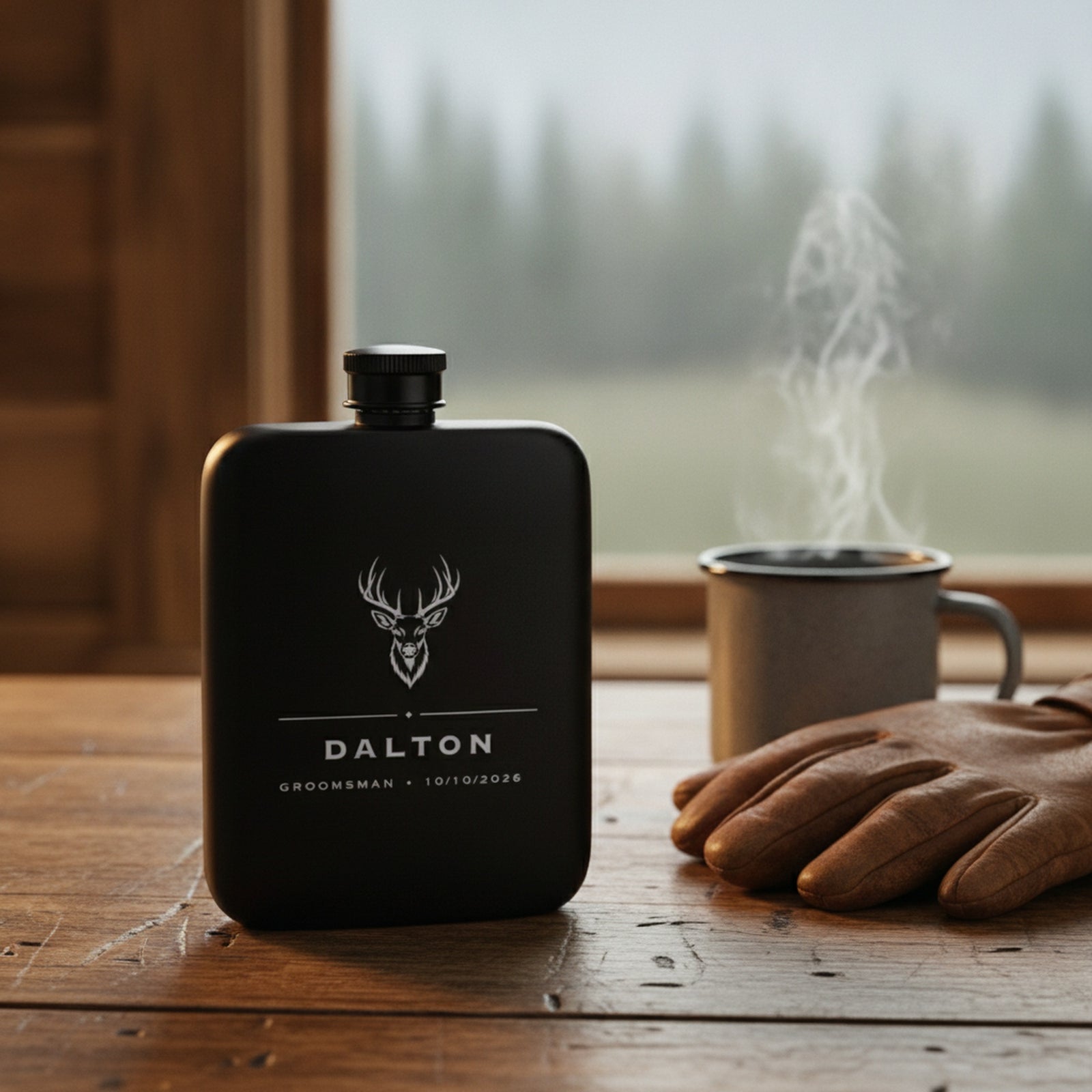 Personalized whitetail buck flask on a cabin table at dawn next to leather gloves and a steaming enamel coffee mug.