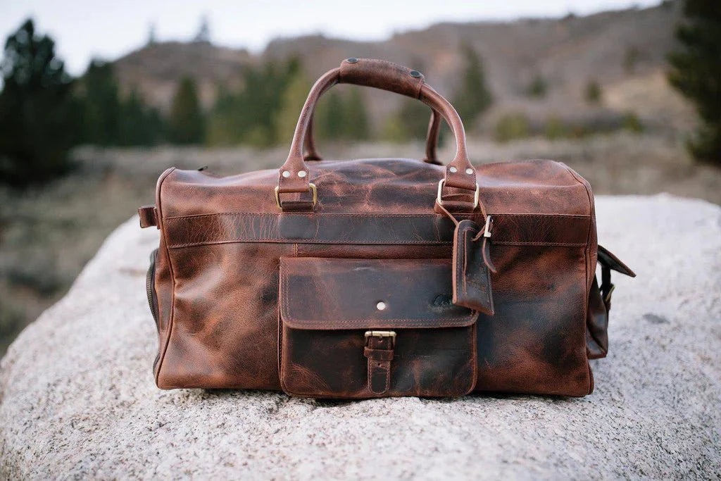 Unique Personalized Top Grain Leather Weekender Duffel Customized Duffle Bag Gifts for Men by Groovy Guy