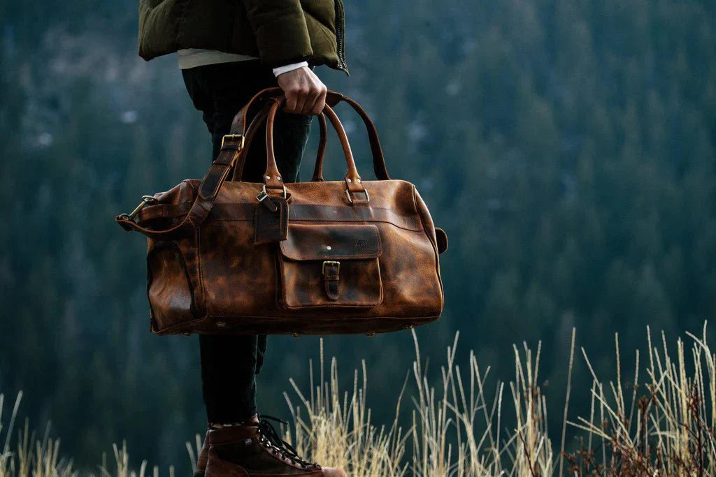 Unique Personalized Top Grain Leather Weekender Duffel Customized Duffle Bag Gifts for Men by Groovy Guy