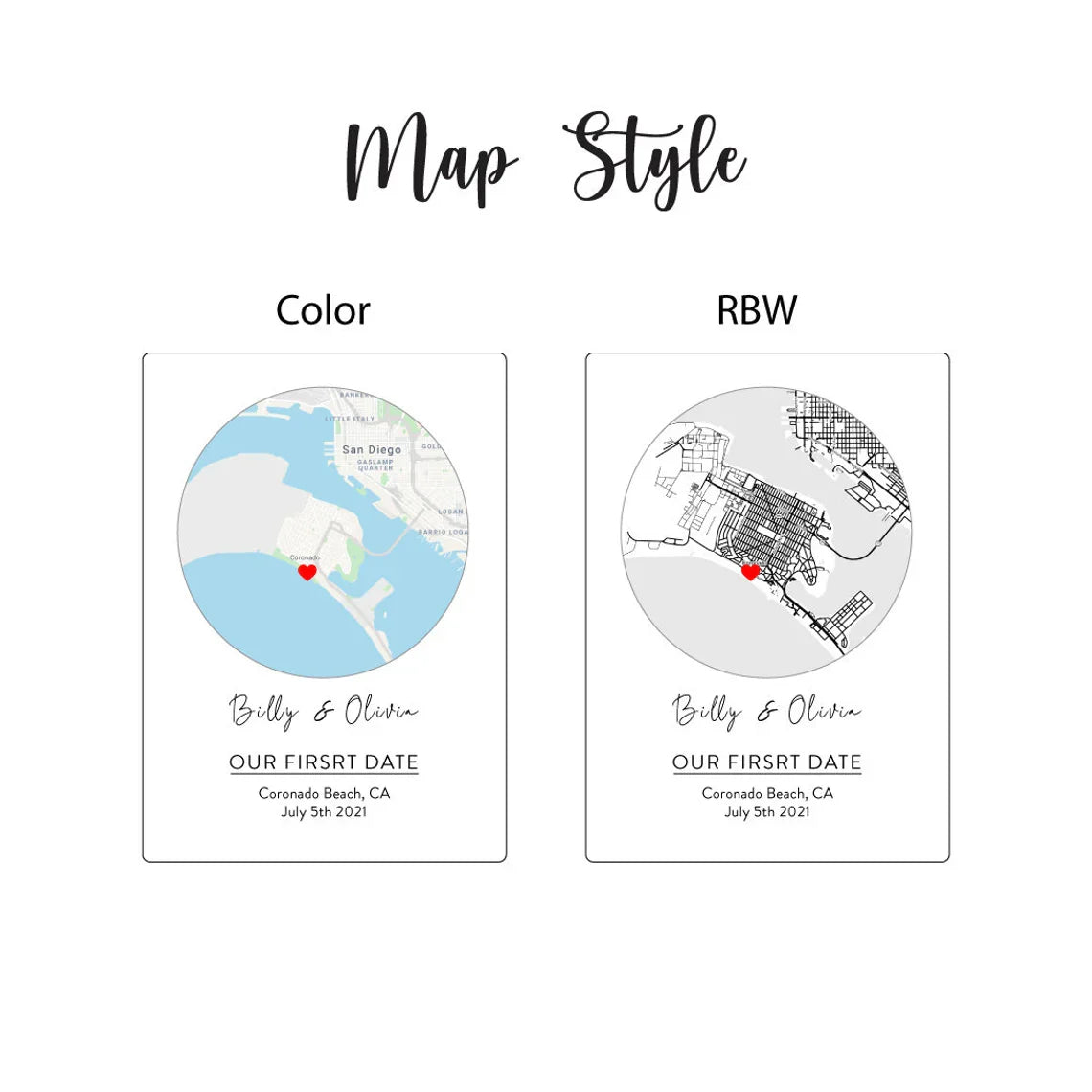 Romantic map sign personalized with custom coordinates, names, and date, available in wood or acrylic with optional LED light stand – perfect for Valentine’s Day, anniversaries, or weddings