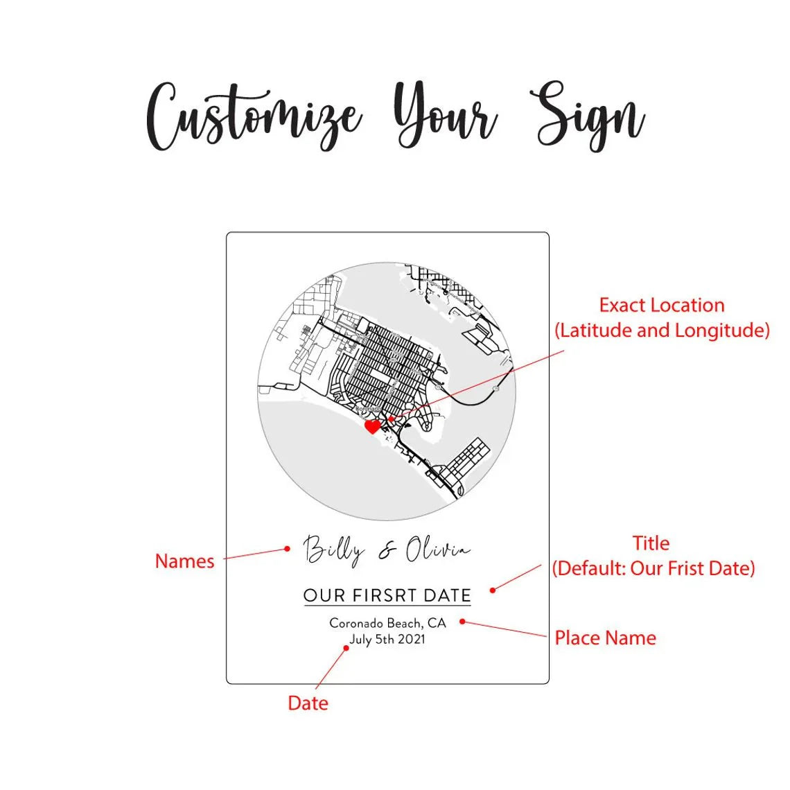 Romantic map sign personalized with custom coordinates, names, and date, available in wood or acrylic with optional LED light stand – perfect for Valentine’s Day, anniversaries, or weddings