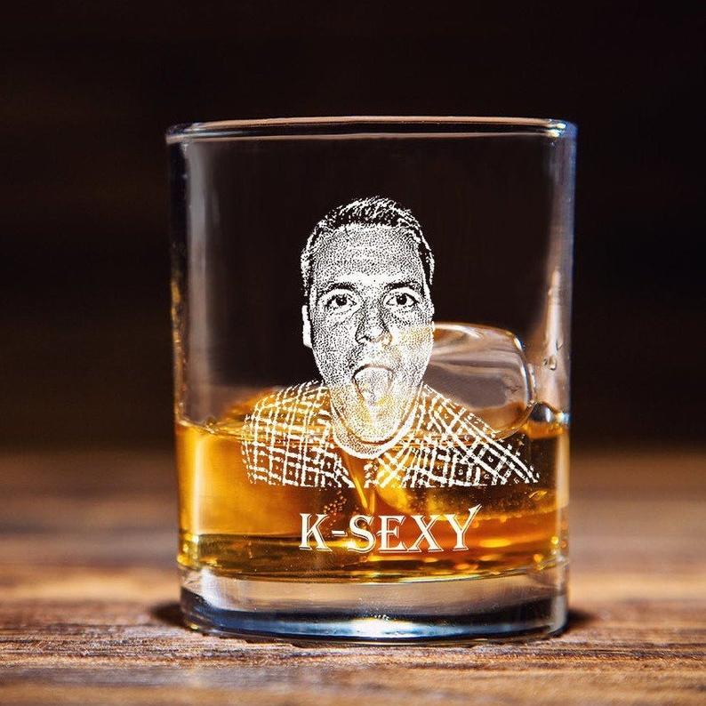 Whiskey glass filled with amber liquid, laser-engraved with sample photo portrait and "K-SEXY" text on front