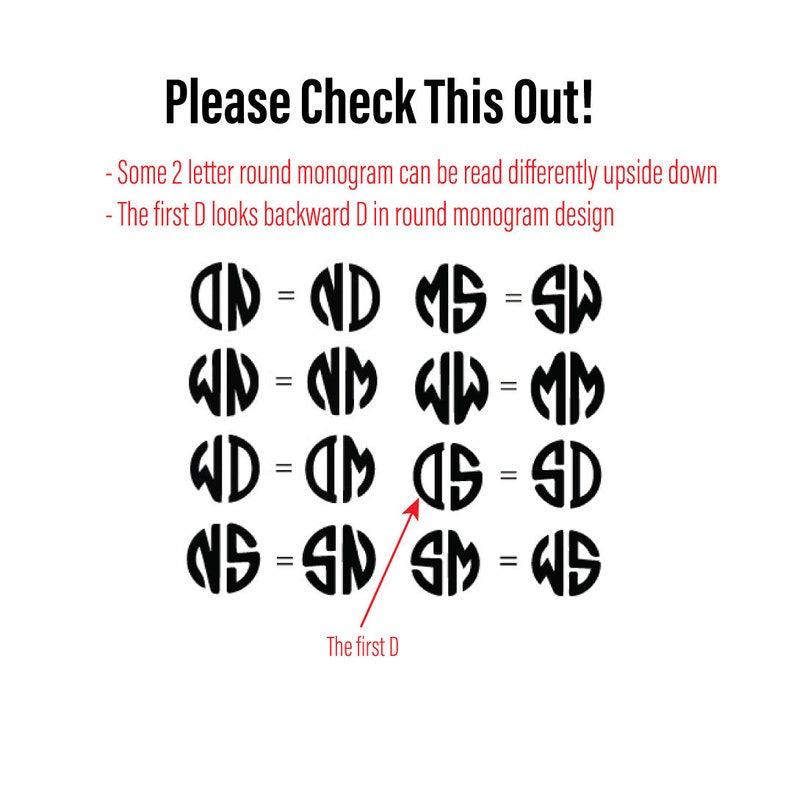 Educational graphic showing two-letter monogram orientation guide with round design variations and upside-down reversal examples for stamp personalization