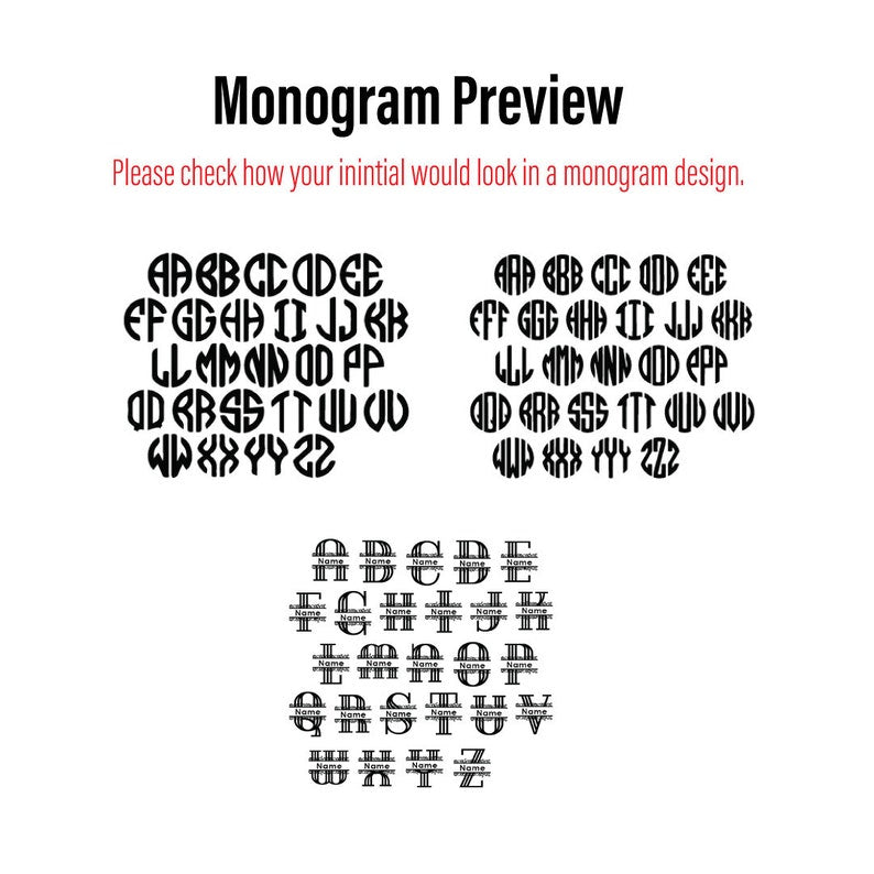 Monogram preview chart displaying 25 letter style options in circular, striped, and linear patterns for custom personalization
