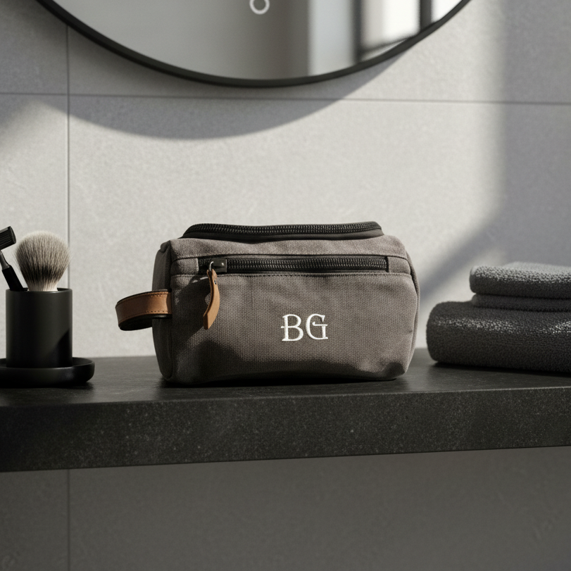 Gray toiletry bag with initials 'BG' on a bathroom counter, surrounded by towels and a mirror.