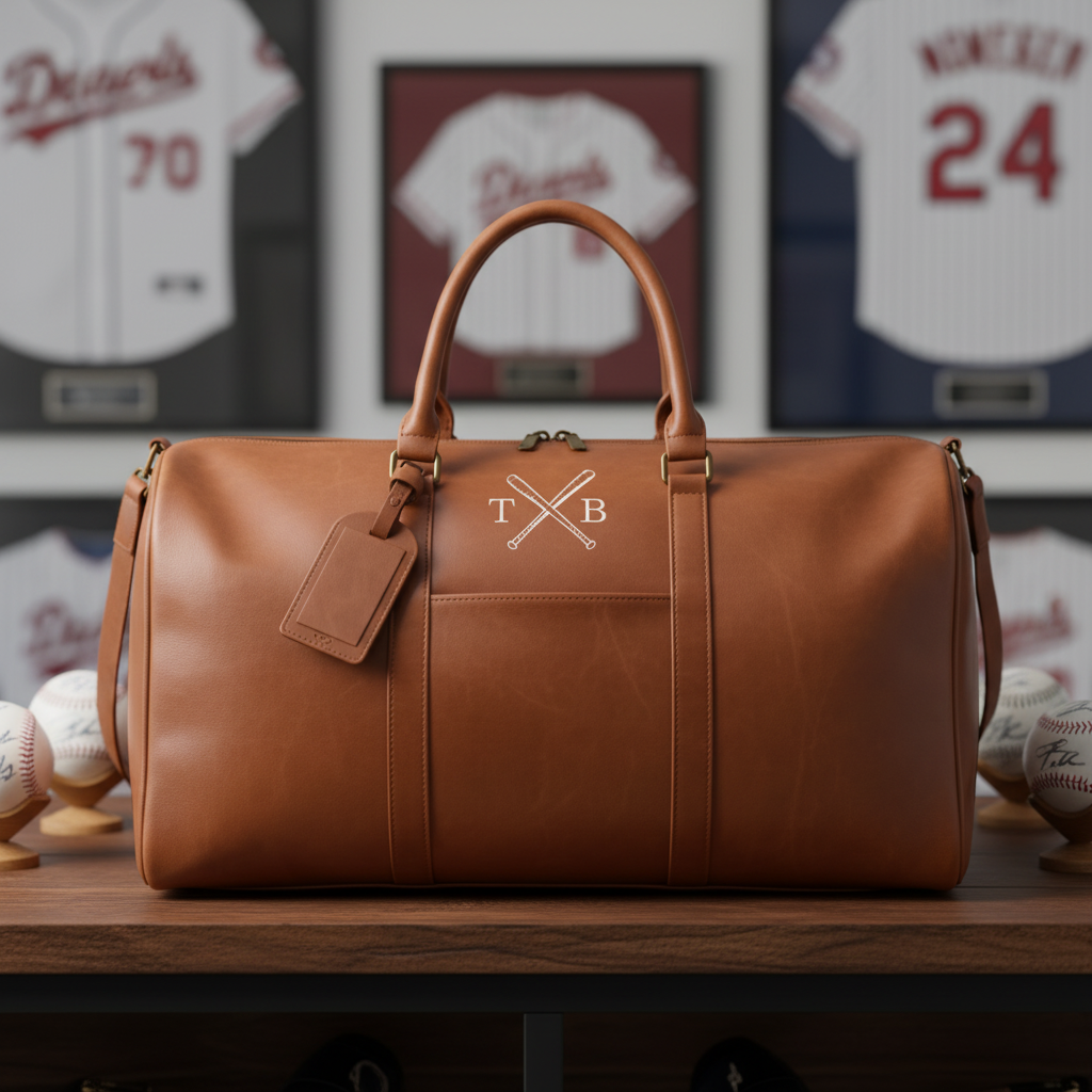 Tan leather weekender duffle with crossed bats and initials "T B" engraved on front panel, matching luggage tag attached, displayed on wooden surface with baseballs and framed jerseys in background