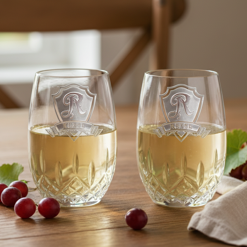Waterford Lismore personalized couples crystal wine glass set with sand-carved shield and both names