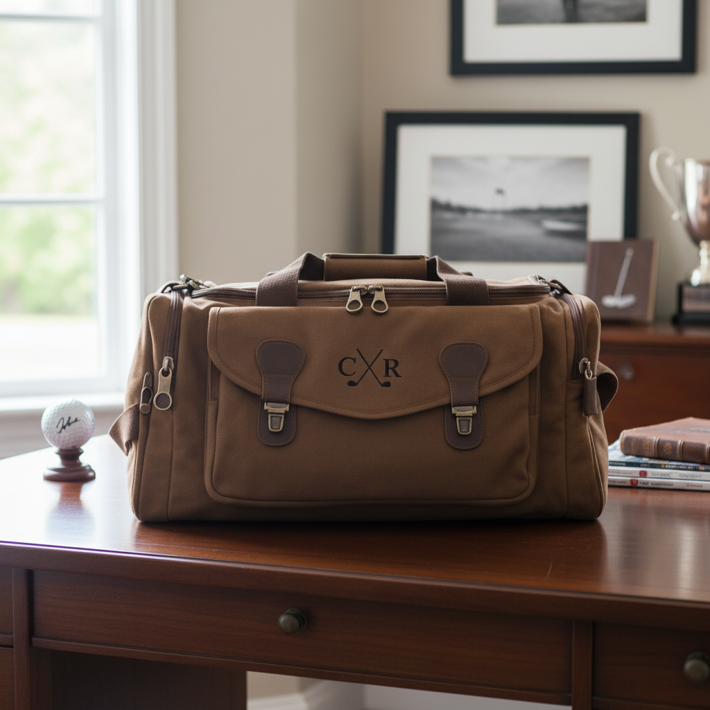 Tan canvas duffle bag with leather trim and crossed golf clubs embroidered with sample monogram "CXR" displayed on wooden desk in home office setting