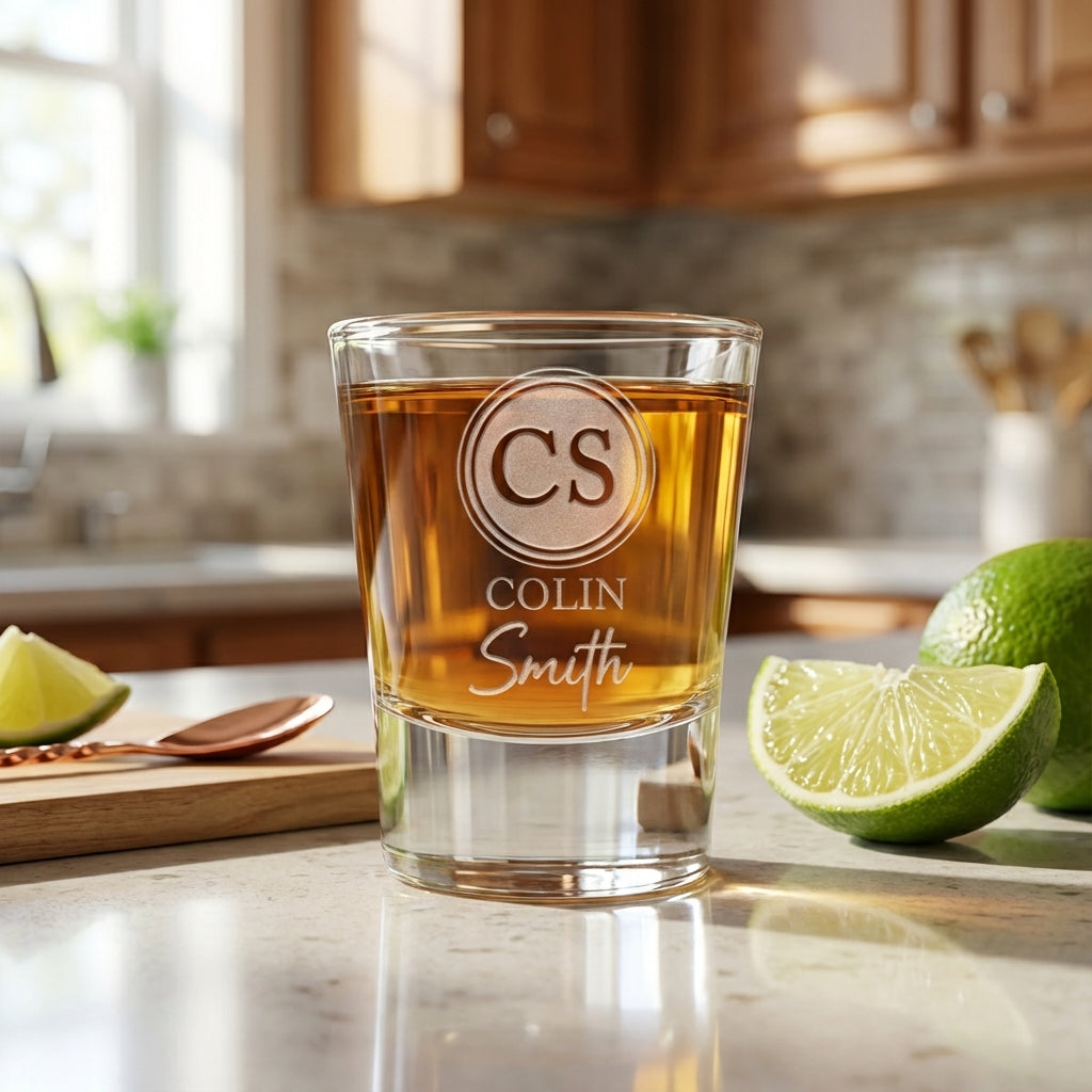 Twin Mark personalized shot glass with sand-carved double initials