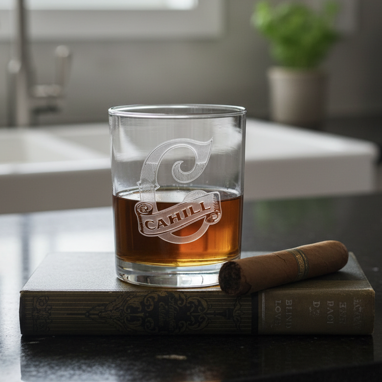 Banner Bourbon personalized whiskey glass with sand-carved banner design