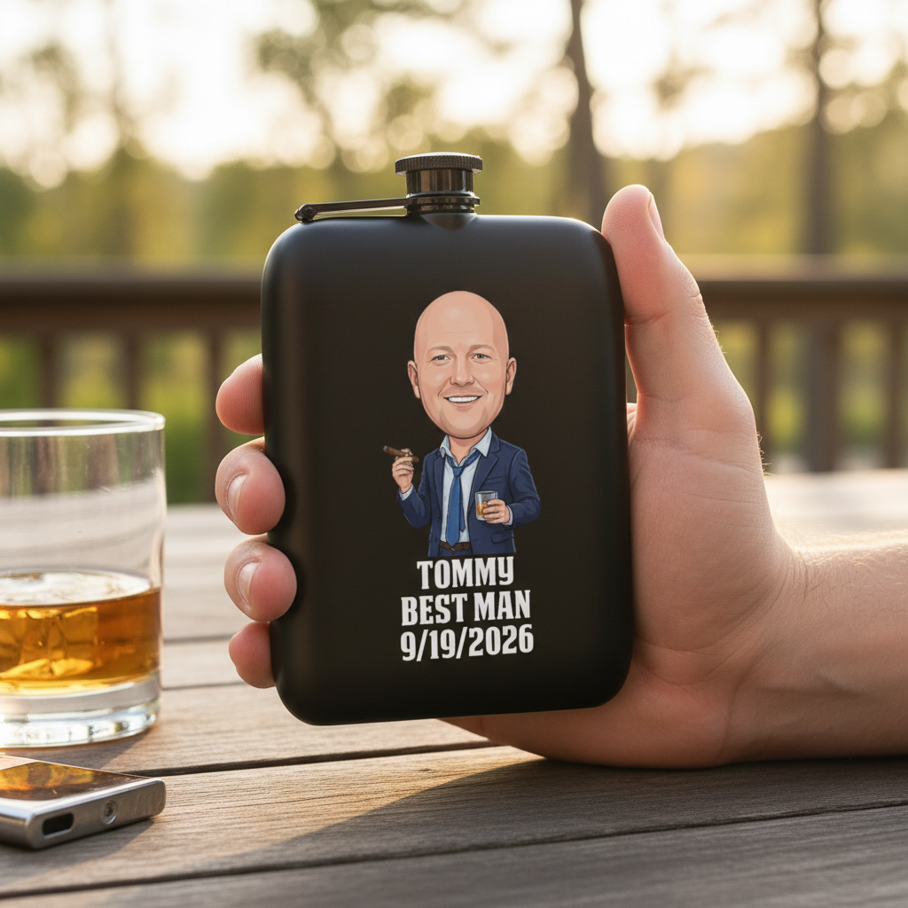 Black flask held in hand, personalized with sample caricature illustration of "Tommy" labeled "Best Man 9/19/2026," displayed outdoors with whiskey glass nearby