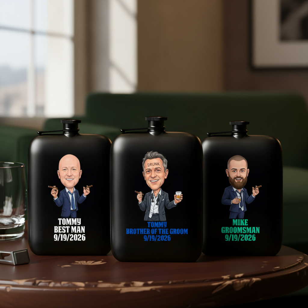 Three black flasks with sample custom caricature designs: bald man labeled "Tommy Best Man," gray-haired man with "Drunk" text labeled "Tommy Brother of the Groom," and bearded man labeled "Mike Groomsman," each with date 9/19/2026.